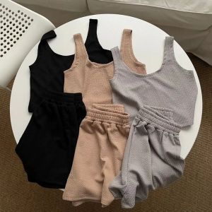 Casual Loose Womens Tank Top Set Solid Color 3D Embroidery Summer New Style Two-Piece Suit Short Pants Polyester Fiber