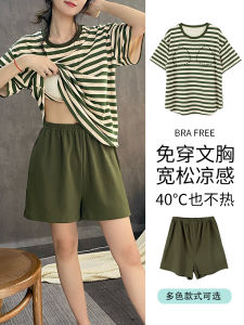 ชุดนอนผู้หญิงแขนสั้นผ้าฝ้ายแท้บางลายทาง ชุดนอนฤดูร้อน ชุดนอนผู้หญิงแบบสวมหัว ชุดนอนผู้หญิงแขนสั้น ชุดนอนผู้หญิงลายทาง