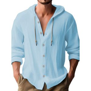 Mens Cotton Shirts Long Sleeve Hooded Cardigan T-shirt Mens Blouse Summer Autumn Sweatshirts Hawaiian Beach Shirts