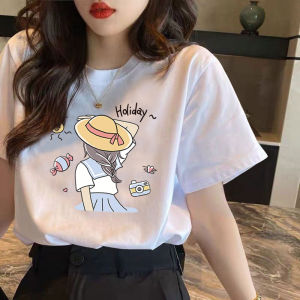 Fashionable Short Sleeve T-Shirt Womens Summer Loose Top Ladies Base Shirt Korean Version Shoulder Print Polyester Fiber
