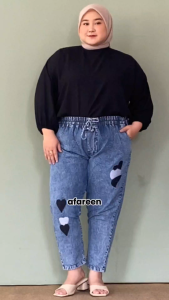 AFAREEN - Celana Panjang Jeans Jumbo Kulot Jeans Bordir Love Baggy Pants Celana Jeans Denim Wanita