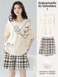 MiiOW | ชุดนอนผู้หญิงผ้าฝ้ายแท้แขนสั้นพิมพ์ลายการ์ตูนน่ารักพร้อมแผ่นเสริมหน้าอกชุดนอนอยู่บ้าน ชุดนอนฤดูร้อน ชุดนอนผู้หญิง ชุดนอนแขนสั้น