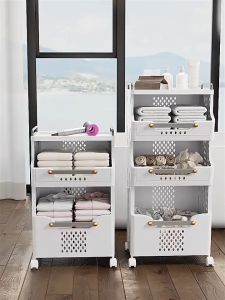 Foldable Trolley Cart Organizer Clothing Laundry Basket with Wheels Multi-layer Storage Basket Utility Cart Kitchen Organizers for Kitchen Bathroom Baby Room Storage Racks Shelf