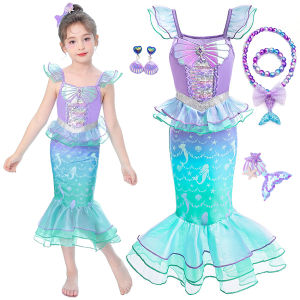 Girls Mermaid Sequin Mesh Princess Dress Children Summer Ariel Print Frocks Kids Event Festival Party Fancy Disguise Vestidos
