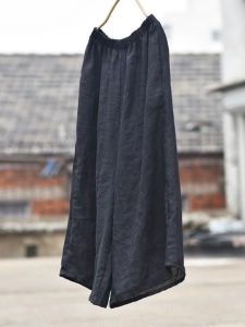 European Goods Genuine Goods Womens Lightweight Breathable Ramie Pure Color Cropped Pants Simple Loose and Versatile Retro Wide Leg Cropped Pants