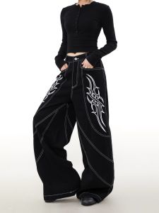 กางเกงยีนส์ทรงหลวมสไตล์อเมริกันย้อนยุคสำหรับผู้ชาย กางเกงขายาวทรงหลวมสไตล์ทอลายปัก ทรงหลวม สไตล์ลำลอง