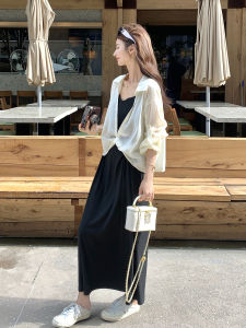 Black Korean Style Loose Feel Dress Set Womens Autumn New Shirt Strap Dress Two Piece Set Casual Long Sleeve Loose Fit