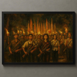 Tranh Nghệ thuật "Thanh Niên Tự Vệ Hà Nội Rước Đuốc" VIETSMART ART - Acrylic 45 x 60cm
