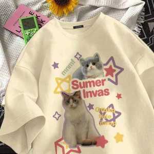 Áo Thun Cotton Tay Ngắn in Hình Mèo Phong Cách Mỹ Mới Cho Trẻ Em Mùa Hè Rộng Rãi Thoải Mái Thoáng Khí Cho Bé Trai Và Bé Gái