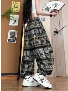 WANGGONGZHU | High Waist Slimming Ice Silk Lantern Pants Womens Summer 2025 New Ethnic Style Straight Loose Casual Harlan Cuffed Pants
