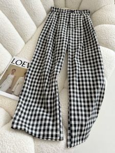 Quần Vải Lanh Kẻ Caro Đen Trắng Cổ Điển Cho Nữ Mùa Hè Quần Ống Đứng Mỏng Thoáng Khí Quần Dài Thường Ngày Cạp Cao