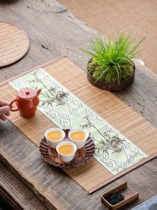 Embroidered Tea Ceremony Vintage Style Apple Green Ball Hole Heat Resistant Mat Dry Foam Table Bamboo Curtain Tea Table Flag
