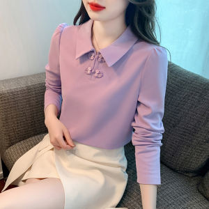 YIGE Chinese Style Polo Collar T-Shirt for Women: Autumn 2023 New Casual Cotton Long Sleeve