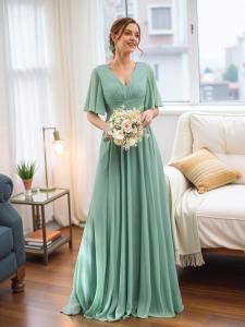 Elegant Long V-Neck Chiffon Evening Gown with Butterfly Sleeves for Bridesmaid Party Hostess Summer New Arrival Womens Dress