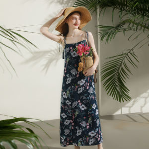 Miccbeirn | Elegant Ladylike Pure Linen Floral Print Vacation Style Wrap Dress Classy Long Gown For Summer Commute Fairy Skirt Design