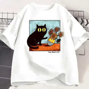 Sanrio | Van Gogh Cat Graphic Cartoon T Shirts Women Flower Black Cat T-shirt Round Neck Short Sleeve Trendy Tee Shirt Streetwear