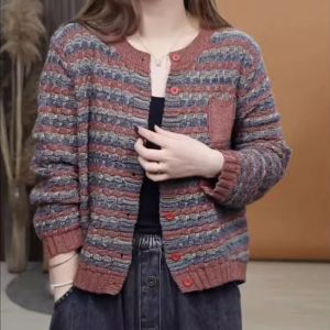 Áo Len Cardigan Dệt Kim Cổ Tròn Kẻ Sọc Phong Cách Retro Giản Dị Thời Trang Thu Đông Cao Cấp Cho Nữ