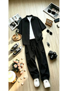 Cooling Icy Silk Mens Shirt Set Youth Wear Skewed Cut Quick Drying Pants Stylish Short Sleeve 3pcs