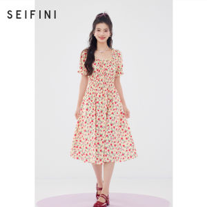SEIFINI | Slimming Pink Square Collar Flower Dress
