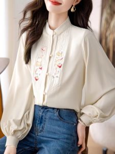 WANGGONGZHU | Elegant Embroidered Chinese Style Shirt Womens Autumn New Stand Collar Button Design Sense Classy Long Sleeve Loose Fit Shirt