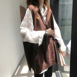 V Neck Vest Jacket Womens Autumn and Winter Clothing South Korea Retro Mid Length Long Length Sleeveless Knitwear Outwear Loose-Fitting Comfortable Sweater