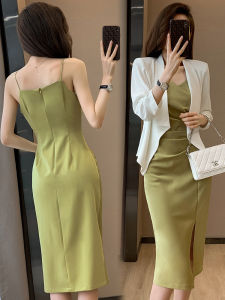 Acetate Satin Halter Dress Womens New Design Sensual French Style Long Gown Two-Piece Set Summer Season High Waist Zipper Closure