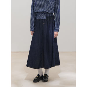 Chân Váy A-line Cao Waisted Nếp Ly Denim Xanh Đậm Phong Cách Retro