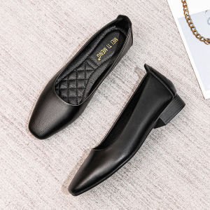 Formal Work Shoes Womens Black Low-Cut Square Toe Leather Shoes Womens Short Heel Work Clothing Soft Surface Long Standing Plaid Professional Work Shoes