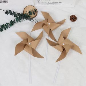 Retro Brown Kraft Paper Handheld Mini Windmill Outdoor Picnic Decoration Photography Props Birthday Party Supplies