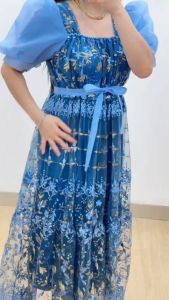 6274 Teresha Square Neck Tile Brukat Maxi Dress Wanita Gaun Natal Elegan