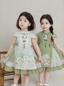 YOEHYAUL | Đầm Cheongsam Trung Quốc Phong Cách Gấu Đen Cho Bé Gái Lớp Nôi Đôi Viền Mộc Nhĩ Nơ Lớn