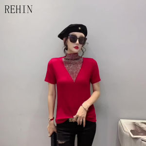 REHIN Womens top New fashion print high neck short-sleeved T-shirt slim fit and thin blouse