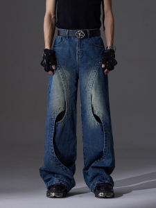 Retro Washed Hollow out Cat Jeans Loose Straight Leg Long Trousers Original Design Island Style Cotton Denim Casual Pants