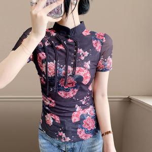 Thiết kế quần áo nữ Yimei Phong cách Trung Hoa cổ áo thun sườn xám có khóa cổ đứng áo in hình khí chất tay ngắn áo nhỏ lưới bó sát mùa hè