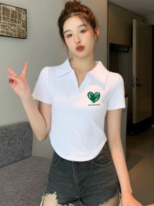 Slim Fit Short Length Asymmetrical POLO Neck T-Shirt Summer Korean Style Versatile Design Print Casual Niche Top