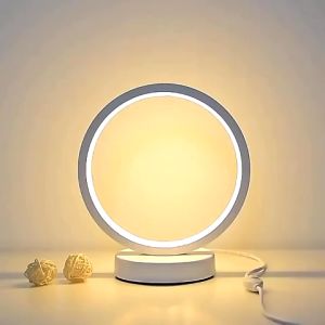 Modern White LED Circle Bedside Lamps 3 Color Modes & Stepless Dimmable Desk Lamps for Home Office Unique Bedside Lamps for Bedroom Cool Nightstand Lamps with USB Adapter & Memory Function床头灯