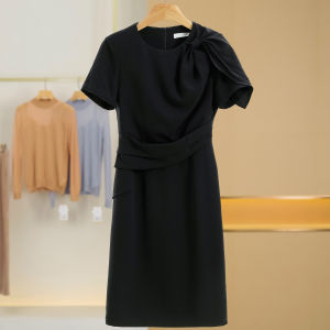Summer Workplace Short Sleeve Dresses Pure Color Round Neck