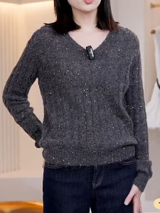 QINGNAER | French Style Versatile V-Neck Glitter Knitwear