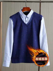 Mens Denim Blue Knitted Shirt Collar Sweater Winter Fashion Floral Pattern Fleece Lined False Two-Piece Vest Shirt