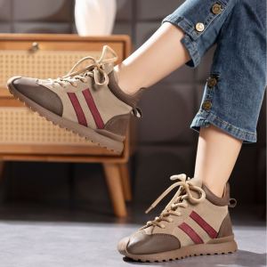 Leather Sport Shoes Womens Casual Footwear Low Help Lace up Flat Bottom All Match Boots Short Boots Female 2024 New
