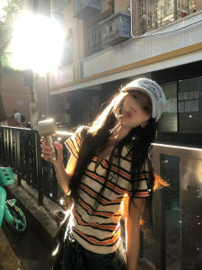 Áo Thun Polo Sọc Màu Tương Phản Ngọt Ngào Phong Cách Hàn Quốc Tay Ngắn Mùa Hè Cho Nữ Dáng Ôm Vừa Vặn Vai Áo Thun Thời Trang