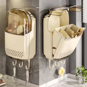 High-End Kitchen Wall-Mounted Chopsticks Spoon Storage Box Drainage Rack Plastic Material One Layer Polyhedron Shape