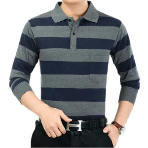 Autumn Middle-Aged Men Stripes Long Sleeves T-Shirt Real Pocket Pure Cotton Lapel Polo Shirt Middle-Aged and Old Father Clothes Tops
