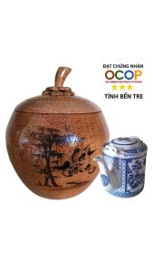 Bình ủ trà gỗ dừa cao cấp khắc chữ Cát tường / Tùy chọn bình trà 05 - 08 - 13 - 20 lít / Hàng đạt OCOP 3 sao tỉnh Bến Tre năm 2023 / Giữ ấm 3 - 5 giờ / Xưởng sản xuất thủ công