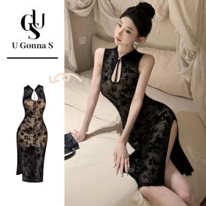 ชุดกี่เพ้า2024เดรสยาวทันสมัยสำหรับผู้หญิงชุดเดรสแขนกุดลูกไม้ผ่าข้างคอจีนเข้ารูปสง่างามเซ็กซี่แฟชั่นดีไซน์แบบดั้งเดิมเสื้อผ้าสีดำยืดได้ลายดอกไม้ปาร์ตี้มื้อเย็นช่วงเย็น