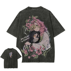 Bandai | Demon Slayer Mens and Womens Washed T-Shirt Mitsuri Kanroji Obanai Iguro Summer Spring Anime Tee Retro Distressed Short Sleeve