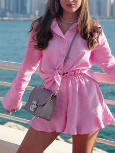 ผ้าลินินสีชมพูทรงหลวมแฟชั่น3ชิ้นชุดสตรีทแวร์เสื้อแขนยาวหรูหรา + บราพร้อมกางเกงขาสั้นเอวสูง