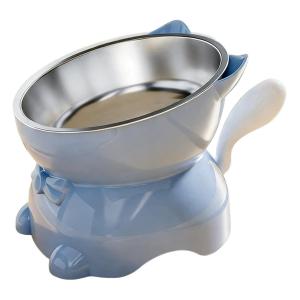 1pc Elevated Stainless Steel Cat Bowl Inclined Food & Water Dish with Cute Ear Stand Neck Protection Design for Cats