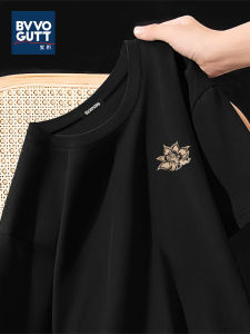 เสื้อยืดชายแขนสั้นผ้าไหมน้ำแข็ง ทรงหลวม น้ำหนักเบา แห้งเร็ว สีดำ ทรงหลวม ลายดอกบัว แฟชั่นฤดูร้อน เสื้อยืดชาย