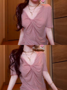 Pink Tencel V-neck Short Sleeve T-shirt